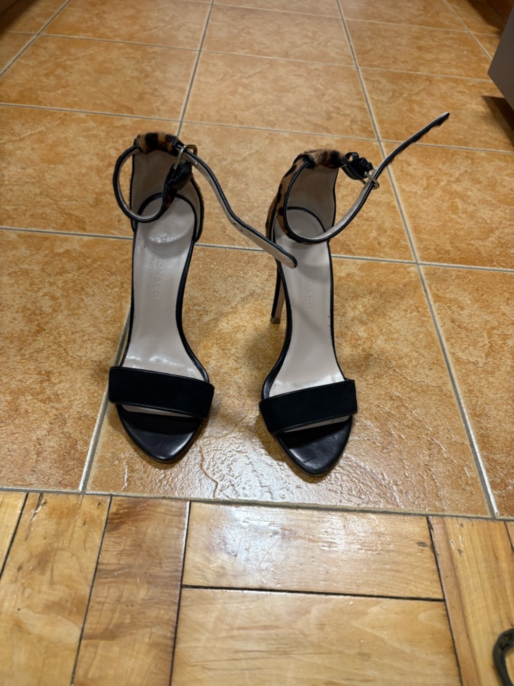 Club Monaco Black Stiletto Sandals with Leopard Ankle Accent